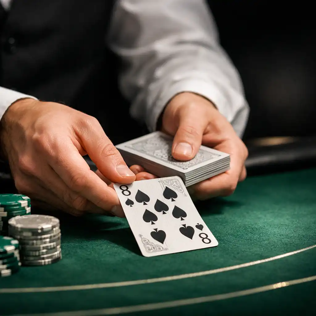 Zbliżenie na dłonie krupiera rozdającego karty na stole do blackjacka z eleganckimi żetonami