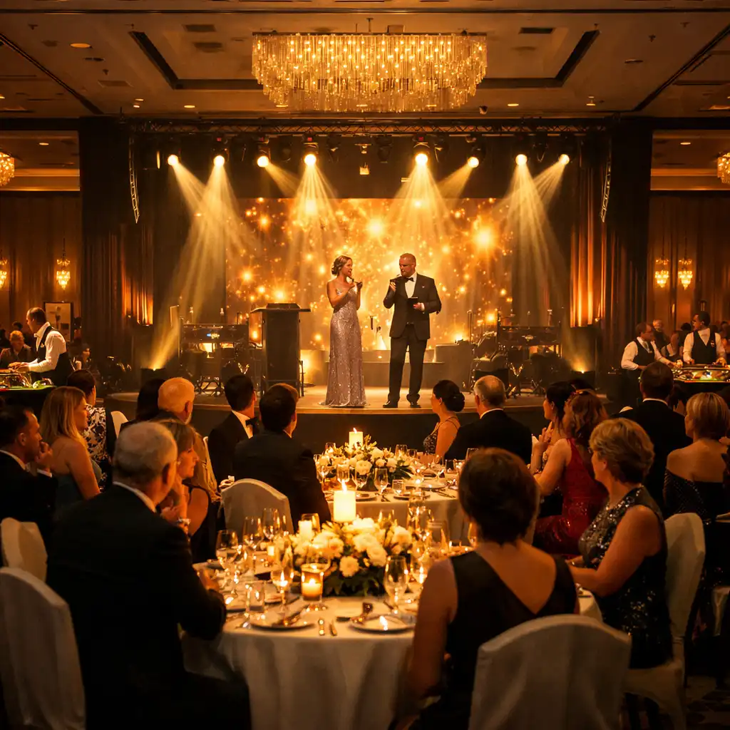 Elegancka gala firmowa w warszawskim hotelu z oświetloną sceną i strefą gier