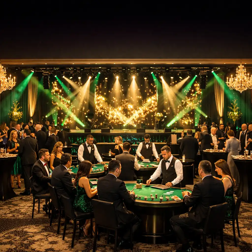 Elegancka gala firmowa w dużej sali balowej ze strefą poker obsługiwaną przez krupierów