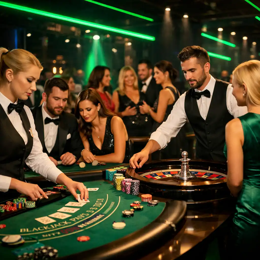 Nowoczesna sala eventowa z profesjonalnymi krupierami przy stołach do ruletki i blackjacka