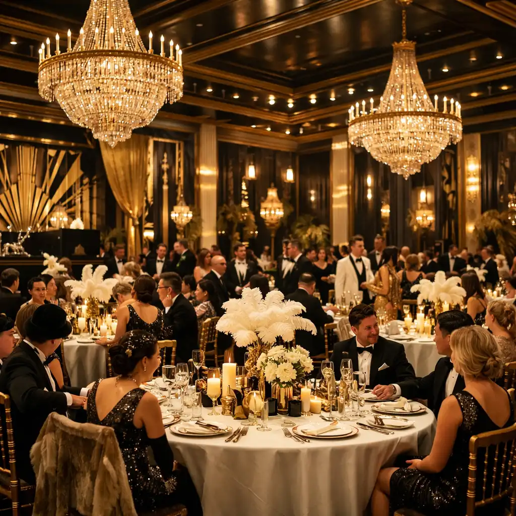 Elegancka sala bankietowa w stylu art deco podczas gali firmowej Wielki Gatsby