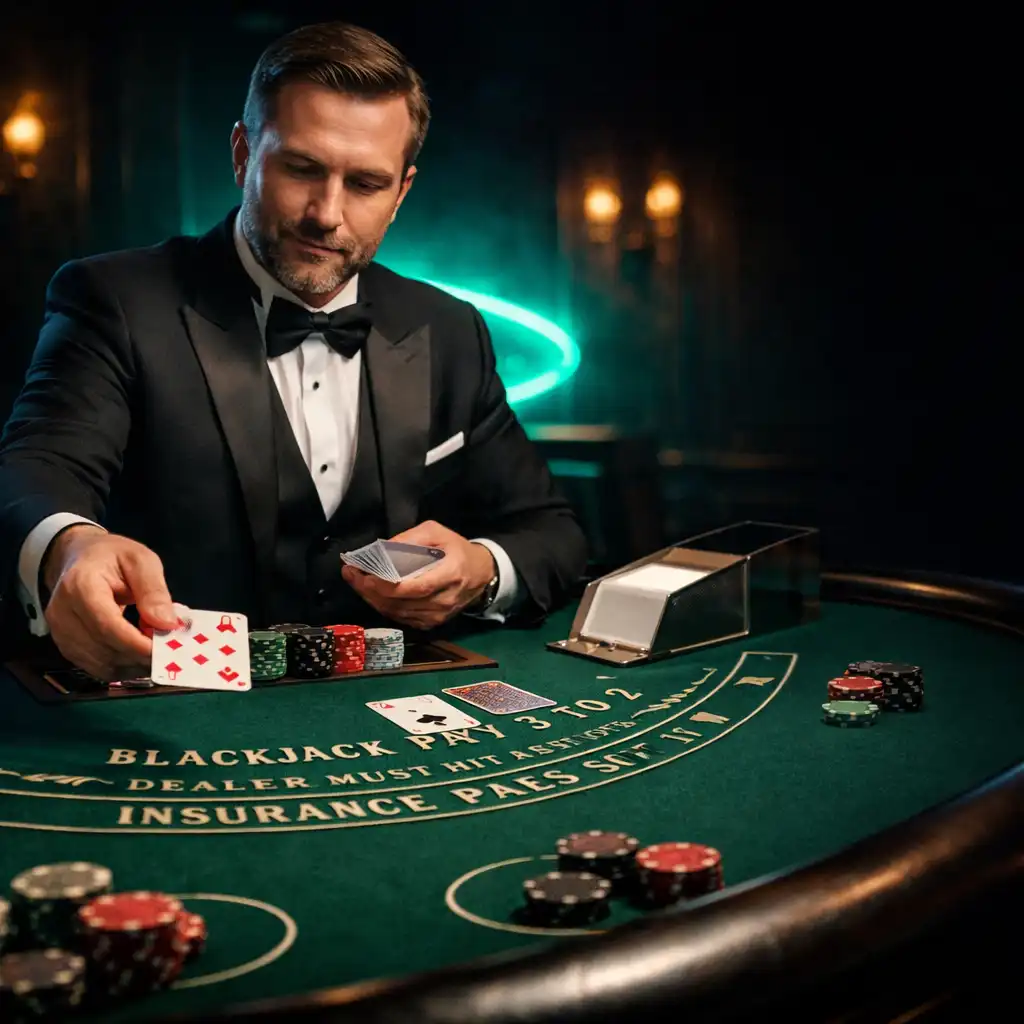 Elegancki stół do blackjacka z profesjonalnym krupierem w ciemnym, luksusowym wnętrzu