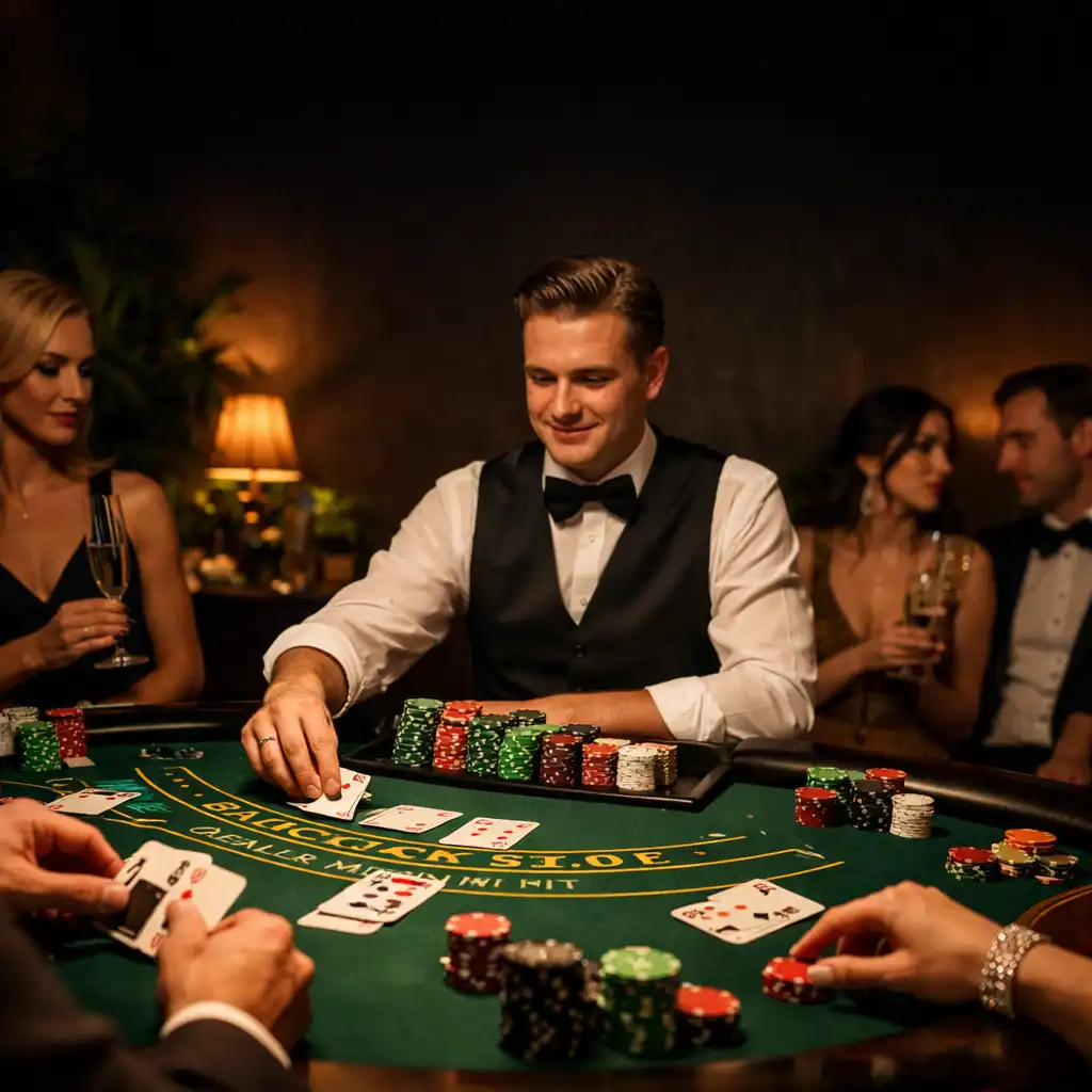 Wieczór kasynowy w prywatnej willi pod Krakowem z croupierem przy stole do blackjacka